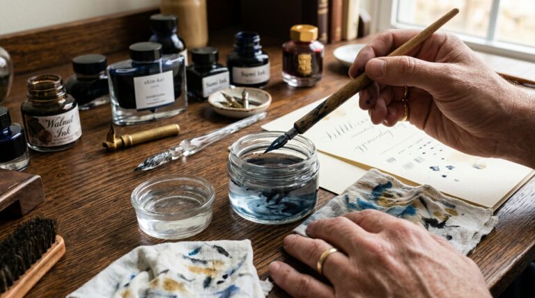 Fountain pen nib care with ink bottles on a writing desk