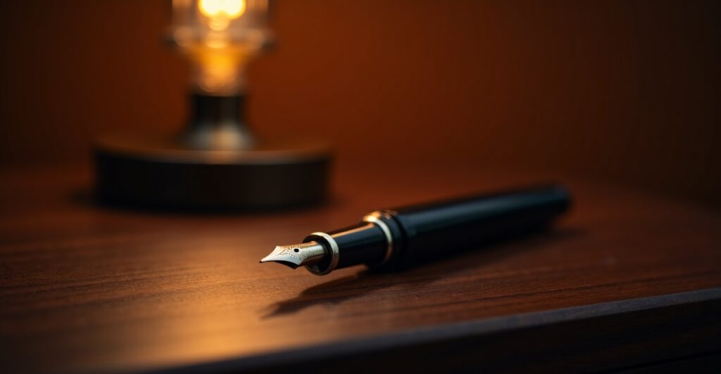 Pelikan M800 Souveran fountain pen on dark wood desk