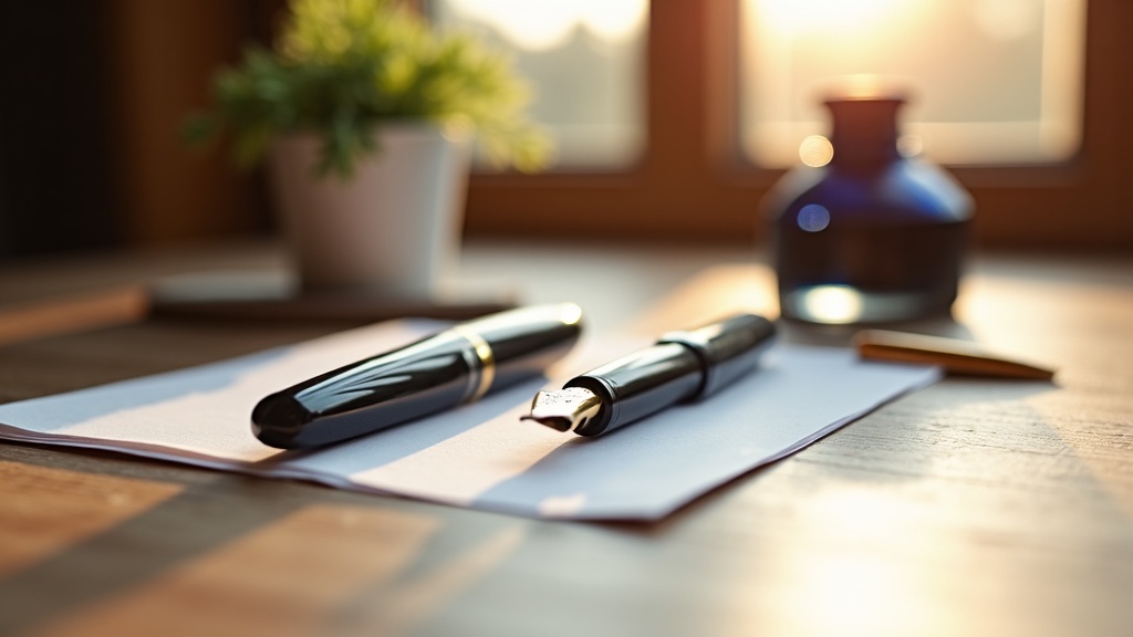 Fountain pen and rollerball pen side by side on wooden desk